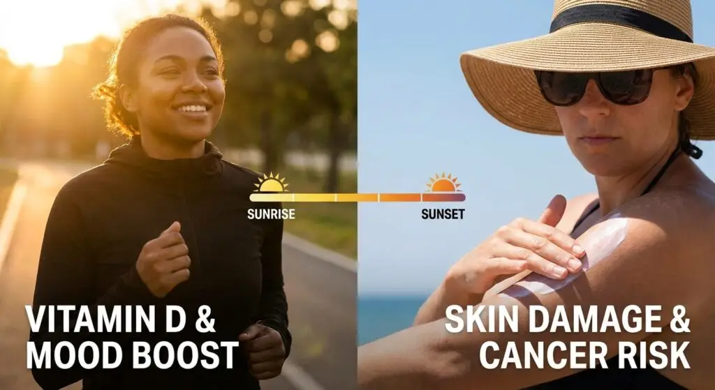 Person standing in warm sunlight with arms outstretched, illustrating sunlight's effects on health.