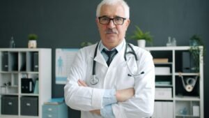 Experienced doctor with a stethoscope in a clinic office