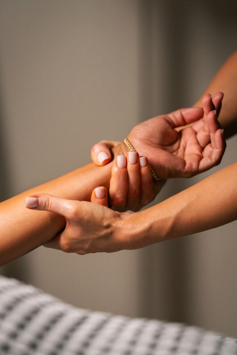 Hands giving a gentle massage to a person's forearm