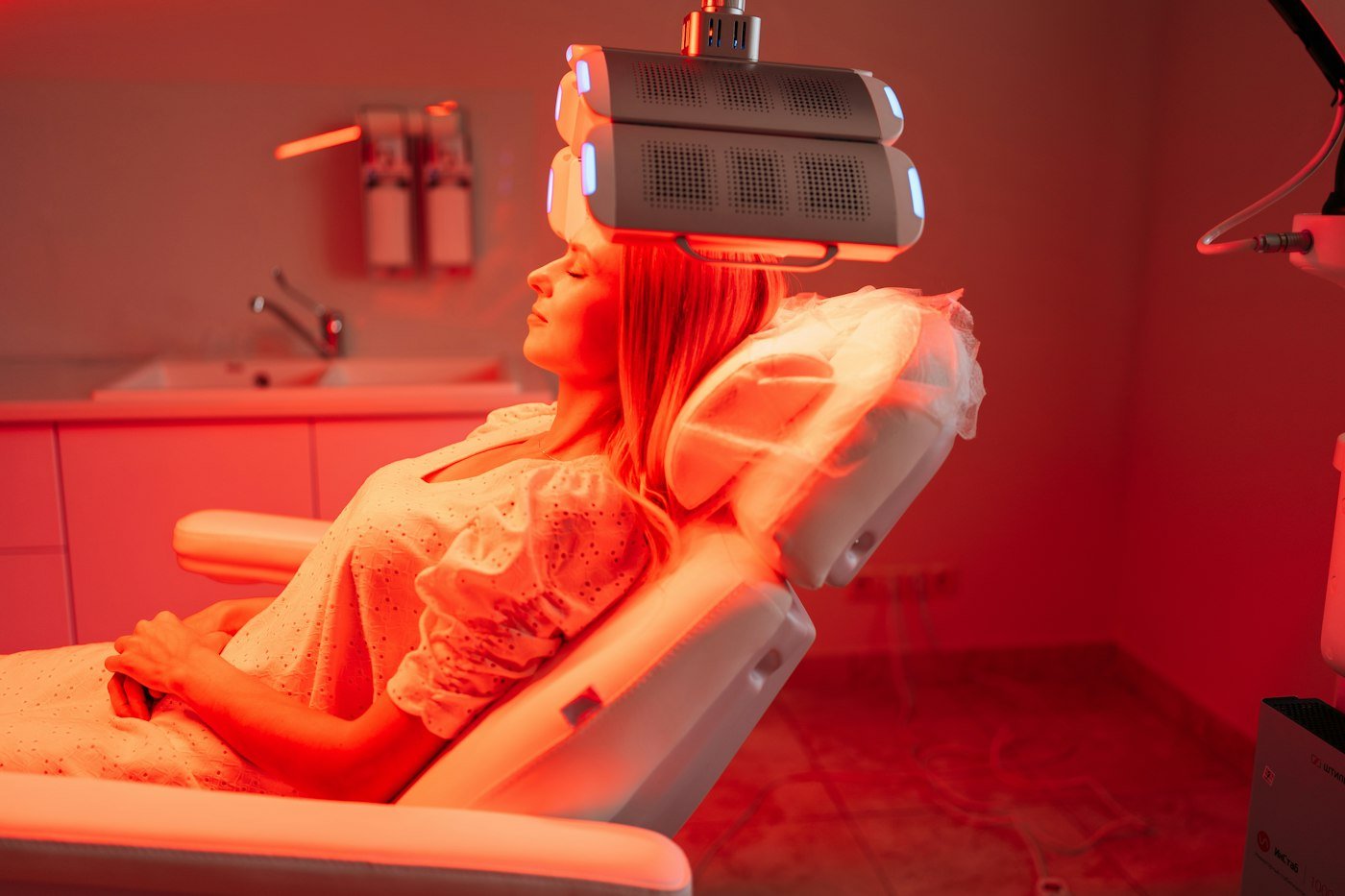 Woman lying back during an LED red light therapy session at a clinic