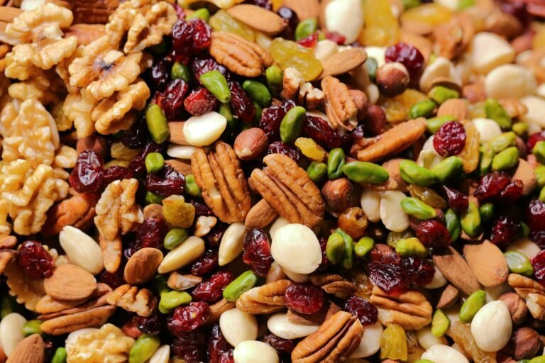 A mix of walnuts, pecans, pistachios, almonds and dried cranberries