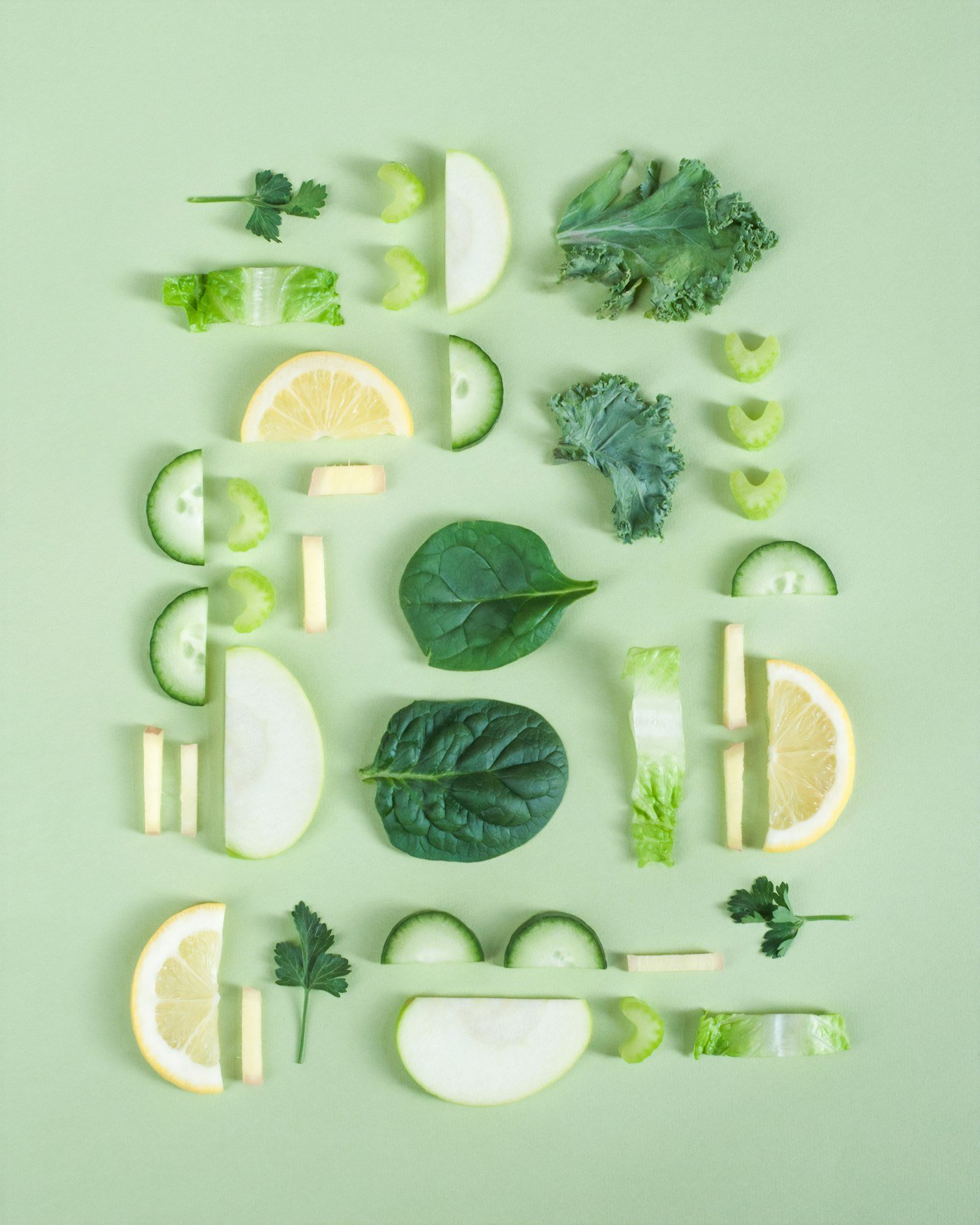 Colorful sliced fruits and vegetables ready for juicing